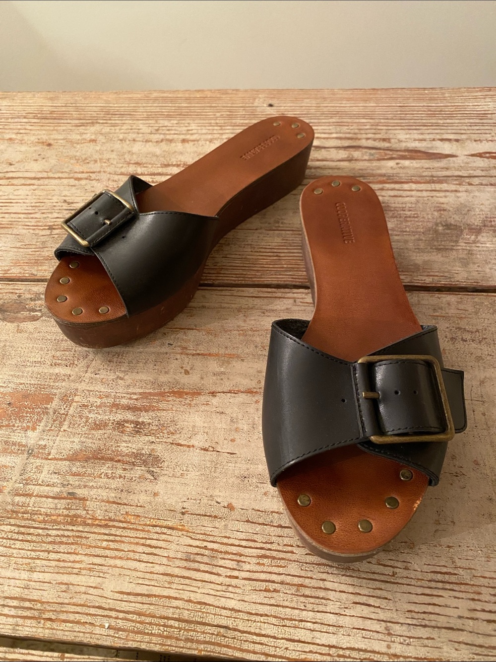 Black Leather Platform Slide Sandals with Buckle